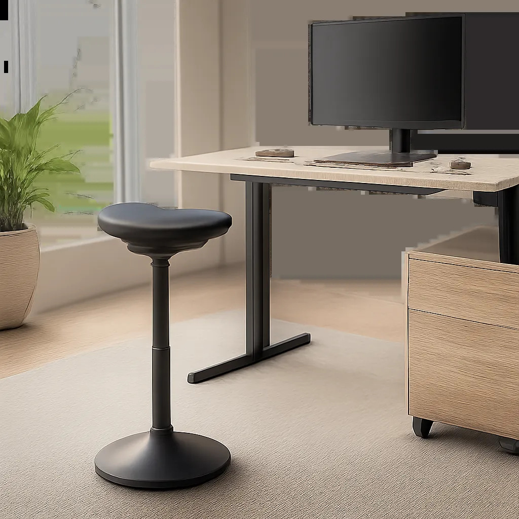 Un tabouret assis-debout réglable dans un environnement de bureau moderne et épuré. L’image met en avant l’alternance entre assise et appui dynamique, dans un style premium et professionnel.